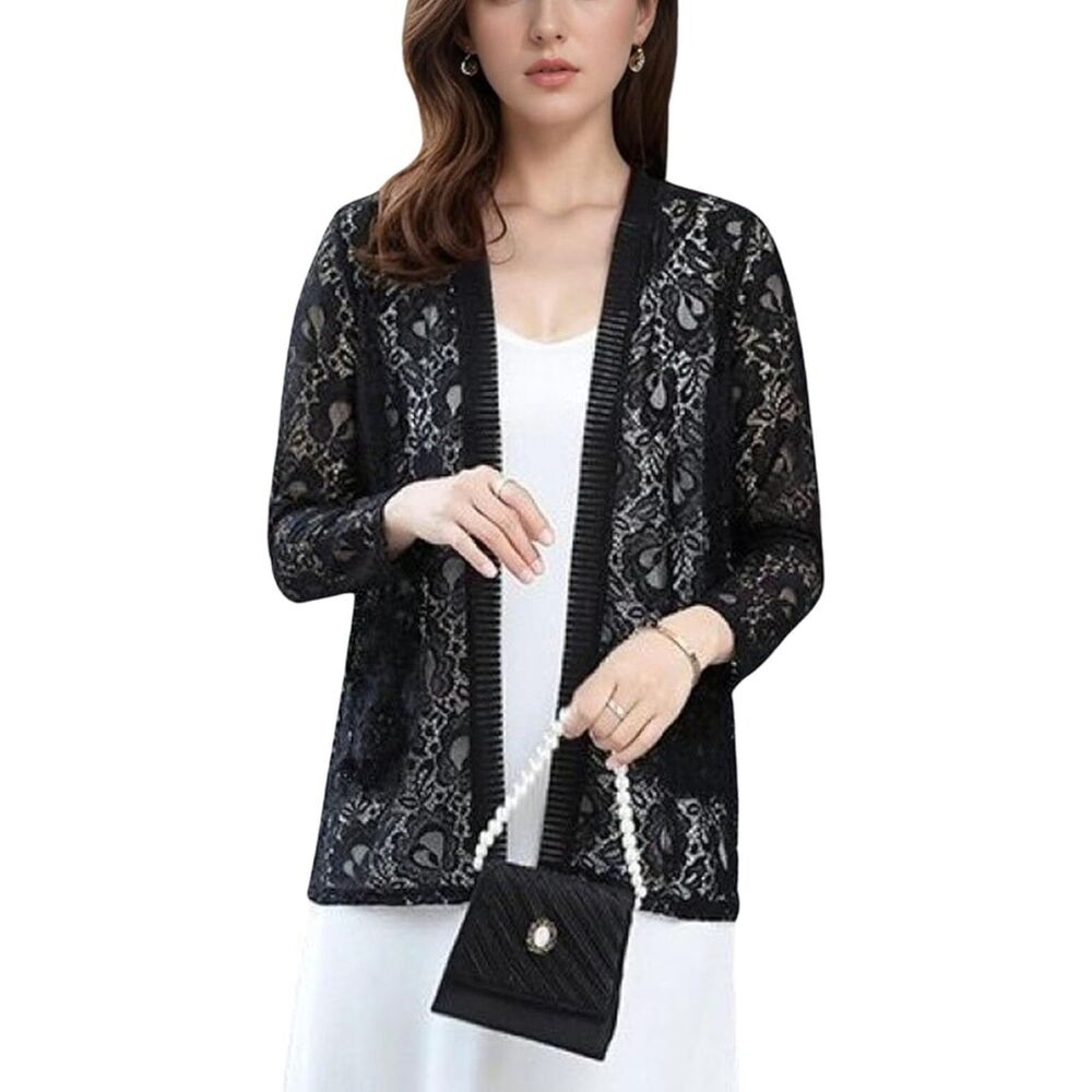 Long Sleeve Open Front Floral Crochet Shrug, Medium, 6D-199T006